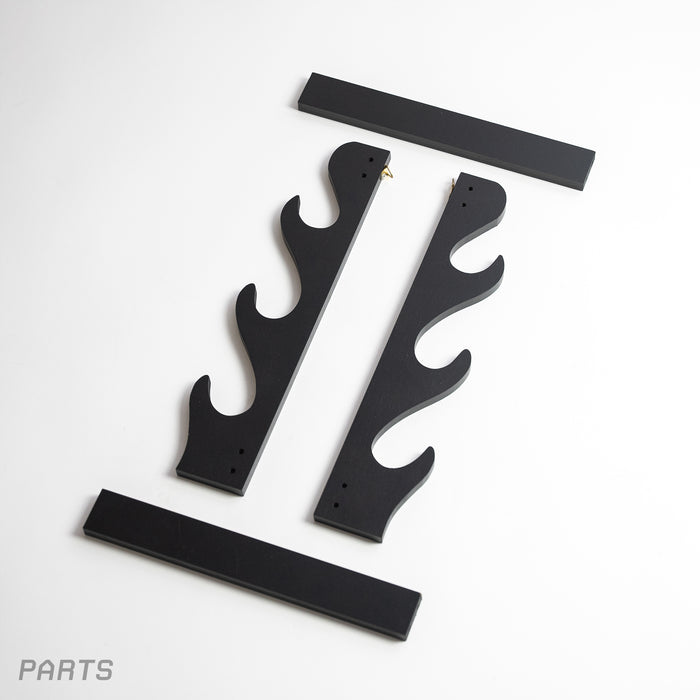 Parts of the Triple wooden sword stand in black, with ability to stand upright or hang on the wall.