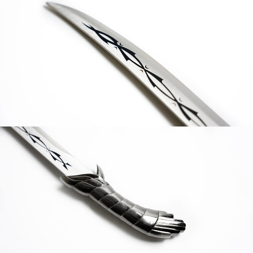 Detail images of Altair's Short Blade Dagger. Photos of the tip of the blade and the metallic handle.