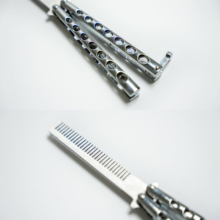 Closeups of Comb-style balisong trainer used to practice butterfly knife handling techniques and tricks safely
