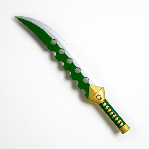 Meliodas’ Lostvayne Sacred Treasure Short sword in high density foam from the Anime and manga series Seven Deadly Sins. It is a green and silver blade, with 5 holes and a golden guard and pommel. The guard has a dragon motif.