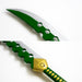 Closeup of the green and silver blade and the guard of the Lostvayne.