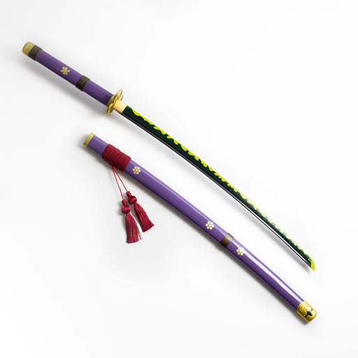 Zoro's sword, the Enma, in its anime-accurate purple colour and battle-ready sharp carbon steel. Featuring golden accents and bright red tassles.