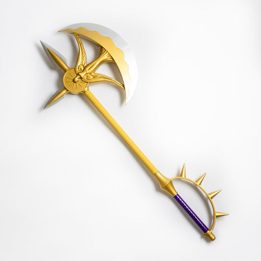 The Divine Axe Rhitta wielded by Escanor from the anime and manga series Seven Deadly Sins. It is a golden axe with an angel motif on the head, and a purple handle. It is made of cast iron.