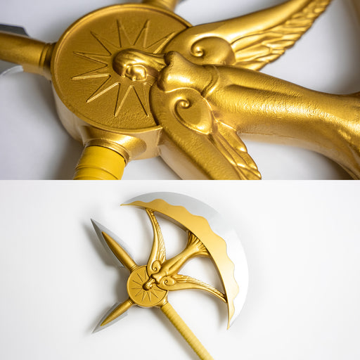 Closeups of The Divine Axe Rhitta wielded by Escanor from the anime and manga series Seven Deadly Sins. It is a golden axe with an angel motif on the head, and a purple handle. It is made of cast iron.