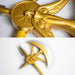 Closeups of The Divine Axe Rhitta wielded by Escanor from the anime and manga series Seven Deadly Sins. It is a golden axe with an angel motif on the head, and a purple handle. It is made of cast iron.