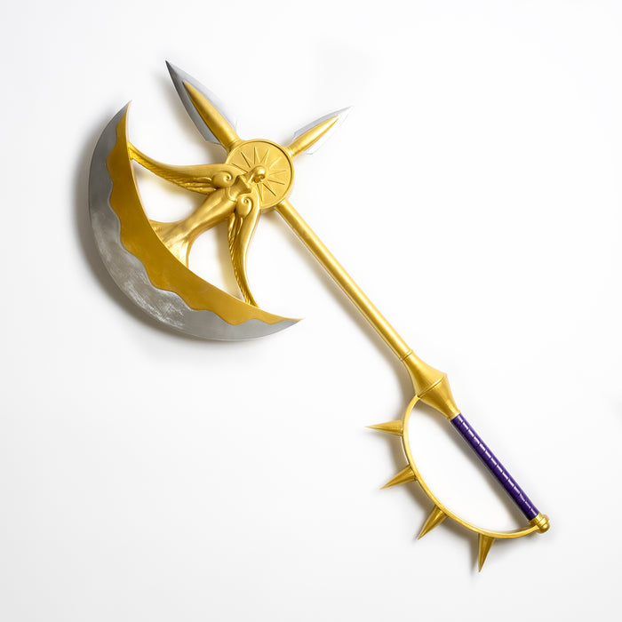 The Divine Axe Rhitta wielded by Escanor from the anime and manga series Seven Deadly Sins. It is a golden axe with a mermaid motif on the head, and a purple handle.