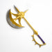 The Divine Axe Rhitta wielded by Escanor from the anime and manga series Seven Deadly Sins. It is a golden axe with a mermaid motif on the head, and a purple handle.