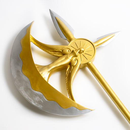 Closeup of The Divine Axe Rhitta wielded by Escanor from the anime and manga series Seven Deadly Sins. It is a golden axe with a mermaid motif on the head, and a purple handle.