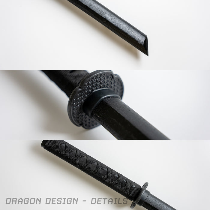 Closeups of the black bokken with dragon design, showcasing the plastic guard and design, as well as the handle.
