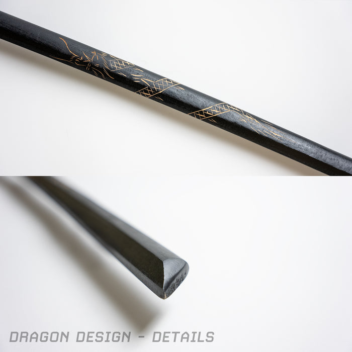 Closeups of the black bokken with dragon design, showcasing the design and the tip of the end.