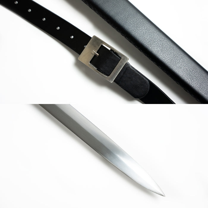 Details of Geralt of Rivia’s Steel sword from the Netflix Show, The Witcher. Closeup of the sheath buckle and blade tip.