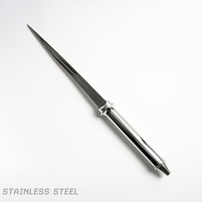 A stainless steel replica of the Angel Blade from Supernatural. It has a highly reflective surface and a three-sided blade.