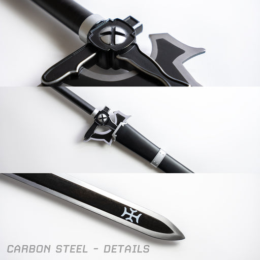 Details of Kirito's Elucidator Sword from Sword Art Online. Closeups of the guard, tip of the blade, and the sheathed sword.