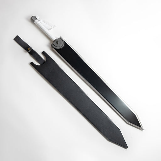 Guts' Sword Dragonslayer from Beserk. A large black sword with a wrapped handle, next to its sheath.
