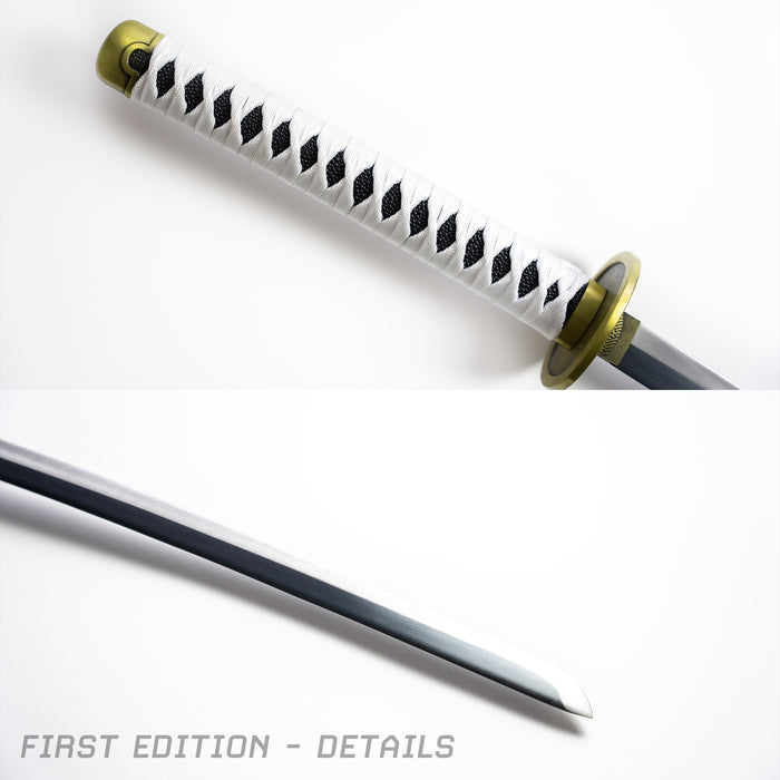Details of Zoro’s Wado Ichimonji Katana - close ups of the handle with a white tsukamaki, and the tip of the blade.
