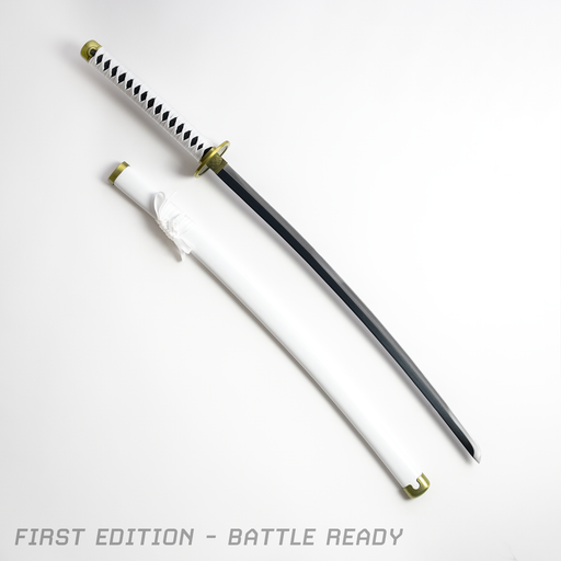 Zoro’s Wado Ichimonji battle-ready Katana made with carbon steel. It is a katana with a white handle and sheath, sleek silver blade, with golden accents.