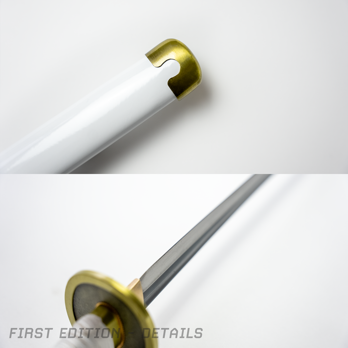 Details of Zoro’s Wado Ichimonji Katana - close ups of the golden kojiri and sharp blade.