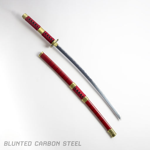 Zoro's Sandai Kitetsu from One Piece - This katana has red and gold details with a flame-style blade.