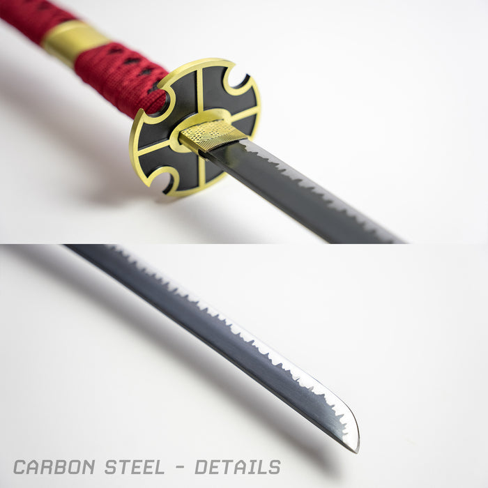 Details of Zoro's Sandai Kitetsu from One Piece - closeups of the guard and flame-style hamon on the blade.