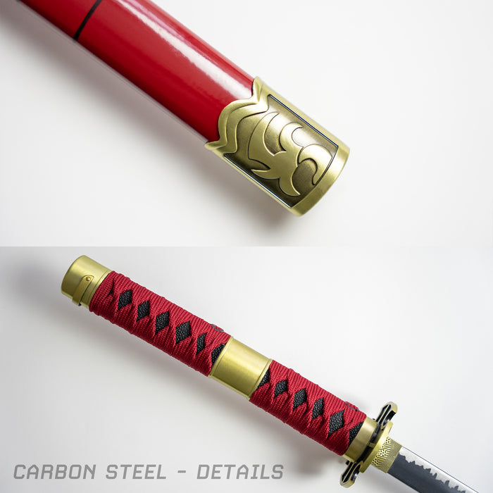 Details of Zoro's Sandai Kitetsu from One Piece - closeups of the end cap on the sheath, and the red handle.