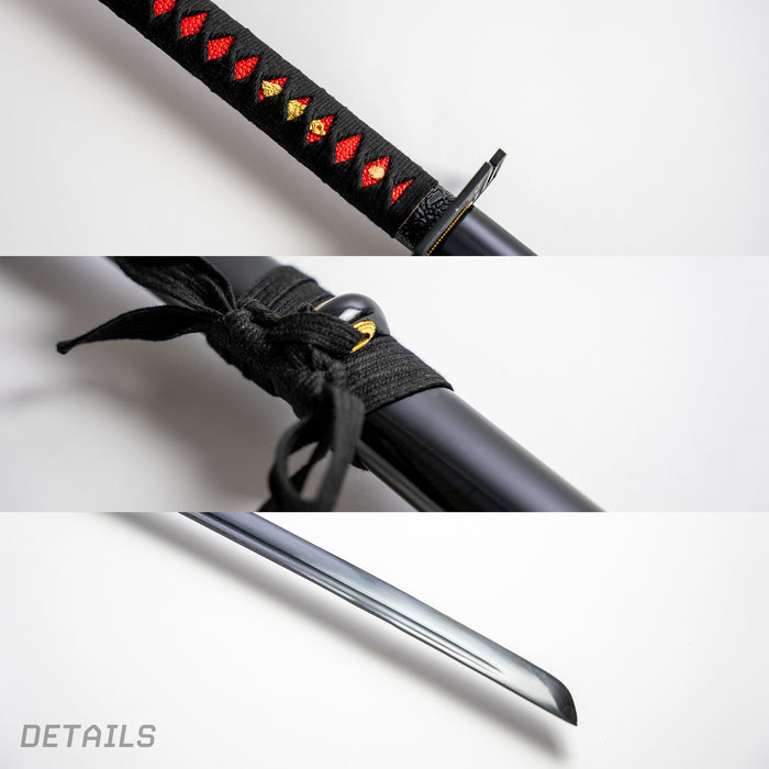 Details of Ichigo Kurosaki’s Tensa Zangetsu Battle-ready Nodachi. Closeups of the handle, sageo, golden shitodome, and sharp blade.