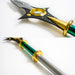 Details of King's Spirit Spear Chastiefol made of metal from the anime and manga series Seven Deadly Sins. It is a silver spear with green and gold detailing.