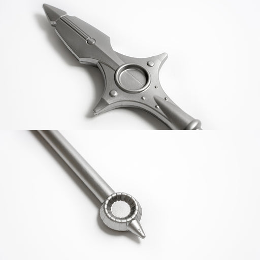 Closeups of King's Spirit Spear Chastiefol made of high density foam from the anime and manga series Seven Deadly Sins. It is a pure silver spear with a unique design.