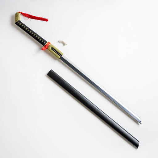 Kisuke’s Zanpakuto, Benihime, from the anime series Bleach. Benihime is a sleek sword with an intricate black handle and a U-shaped guard with a flower petal design.