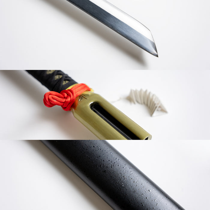 Closeups of the Benihime, including the guard, tip of the blade, and a raindrop design on the sheath.