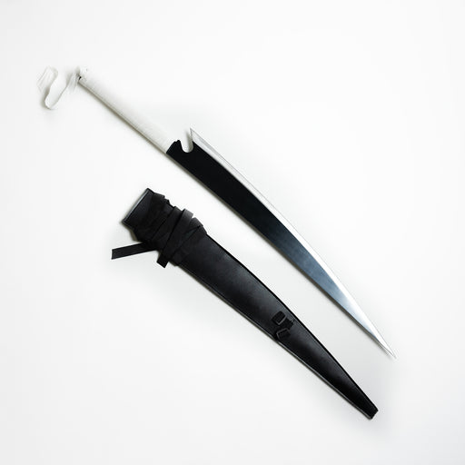 Kurosaki Ichigo’s Zangetsu Sword, with a leather sheath. It is a black blade heavy sword with a white wrapped handle.
