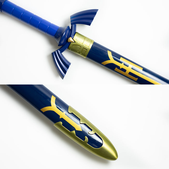 Closeup of Link’s Master sword and the gold detailing on the sheath.