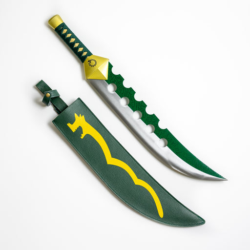 Meliodas’ Lostvayne Sacred Treasure Short sword in blunt carbon steel from the Anime and manga series Seven Deadly Sins. Include leather sheath with a yellow dragon motif.