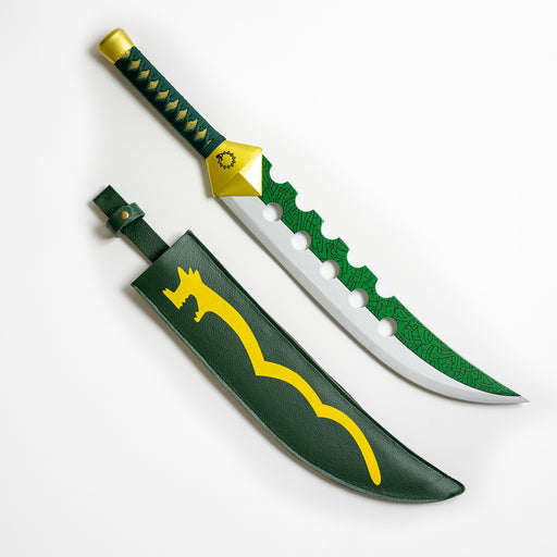 Meliodas’ Lostvayne Sacred Treasure Short sword in wood from the Anime and manga series Seven Deadly Sins. It is a green and silver blade, with 5 holes and a golden guard and pommel. The guard has a dragon motif. The sheath is green with a yellow dragon.
