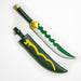 Meliodas’ Lostvayne Sacred Treasure Short sword in wood from the Anime and manga series Seven Deadly Sins. It is a green and silver blade, with 5 holes and a golden guard and pommel. The guard has a dragon motif. The sheath is green with a yellow dragon.