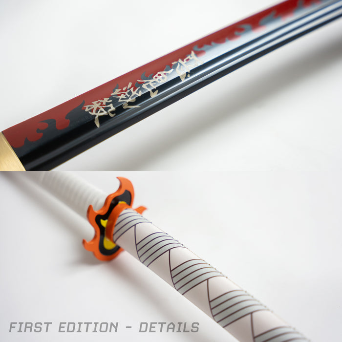 Details of Rengoku’s nichirin katana.  Closeups of the Destroyer of Demons insignia on the blade and the leather printed sheath.