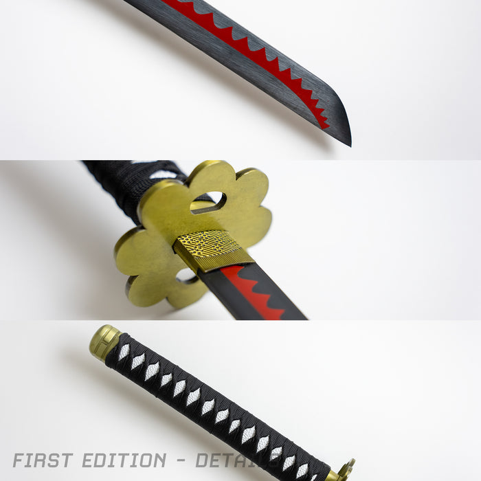 Details of Roronoa Zoro's Shusui Katana First Edition. Closeups of handle, guard and blade. The blade features a red hamon and the guard has a flower-like shape. 