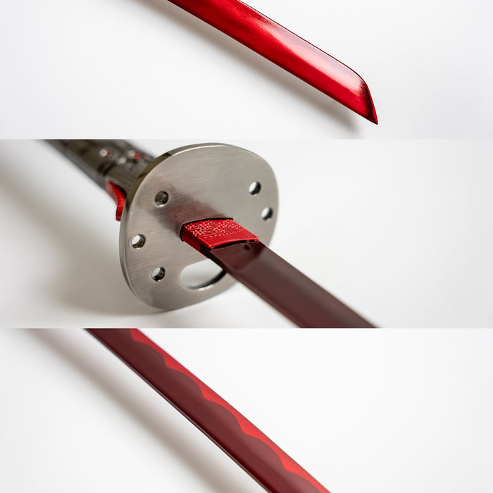 Closeups of the red tinted blade and guard of the Murasama.