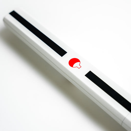 Closeup of the uchiha clan symbol on Blunt carbon steel version of Sasuke’s chokuto, the Sword of Kusanagi from naruto, in the white variant.