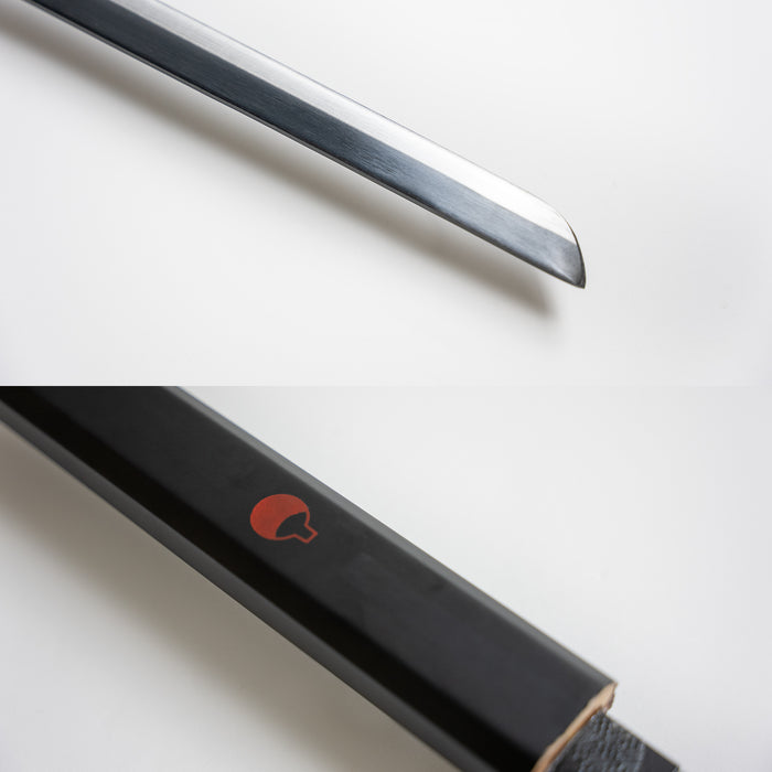 Closeups of the blade and handle of Sasuke’s sword of Kusanagi from naruto. On the handle, the Uchiha clan symbol is in red.