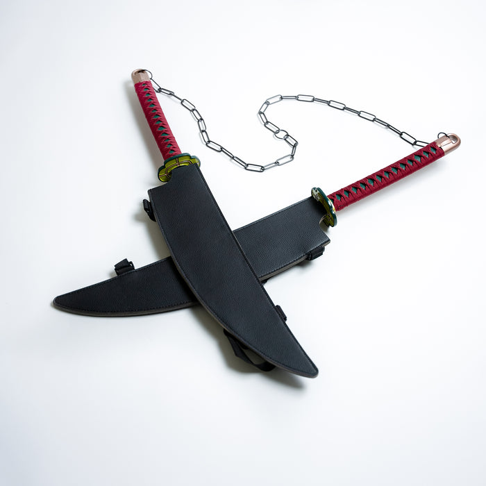 Tengen Uzui’s dual Nichirin cleavers in blunted carbon steel from the anime series Demon Slayer, with leather sheath
