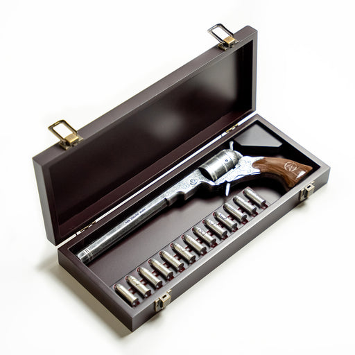 Resin replica of the Colt gun from Supernatural. Comes with 13 etched bullets inside a wooden collector's case.