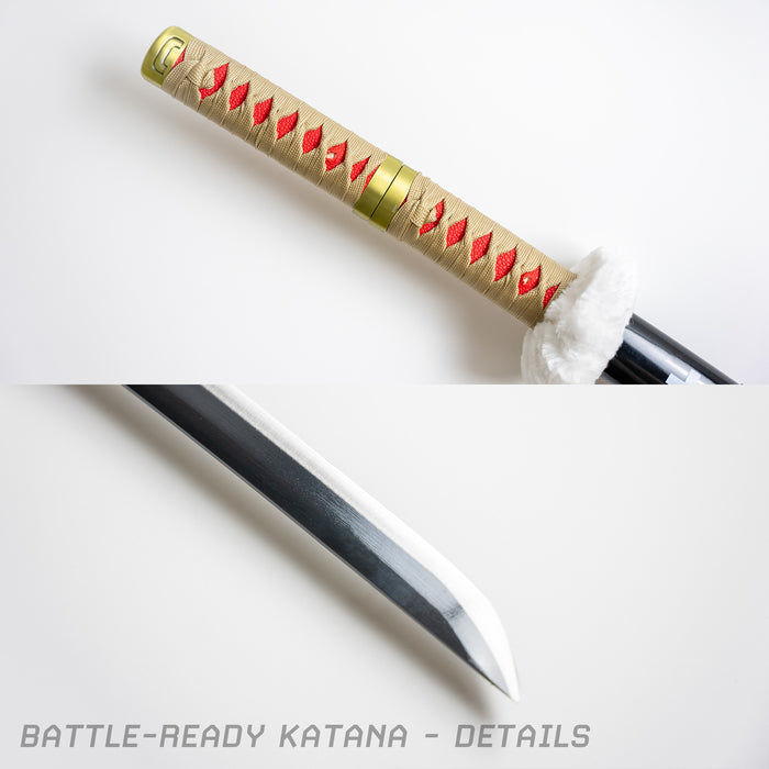 Closeup of the beige and red handle and tip of the blade of the kikoku.