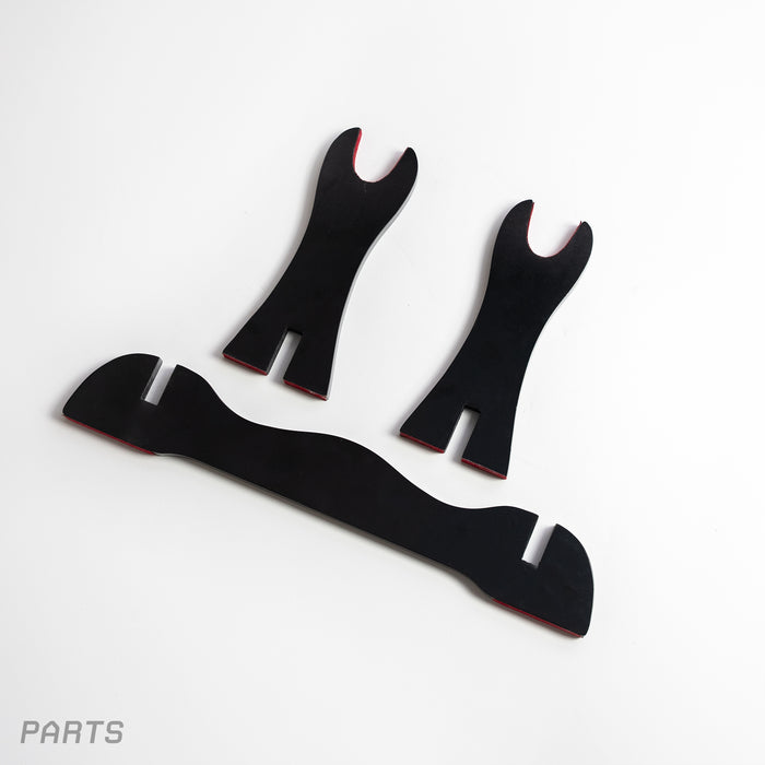 Separated parts of the premium Wooden Sword stand, in black